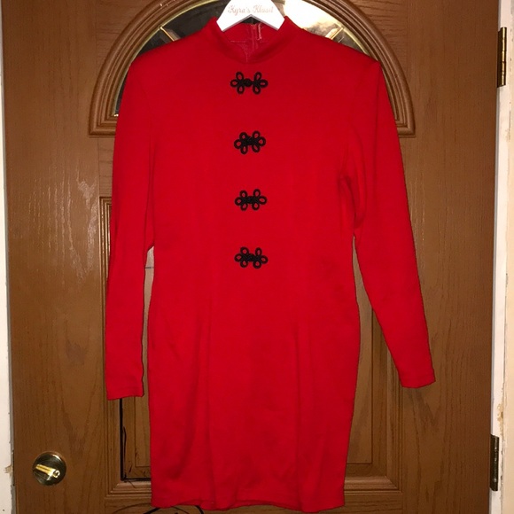 RARE Vintage 80’s Breakin’ Hearts Red Long Sleeve High Neck Toggle Dress - Picture 2 of 15
